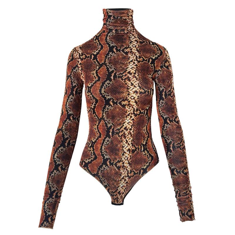 Snake-Print Mesh Bodysuit in Brown