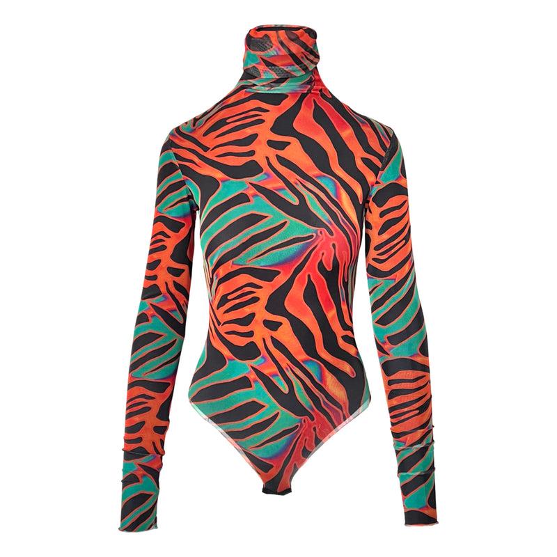 Printed Mesh Bodysuit in Orange, Green & Black