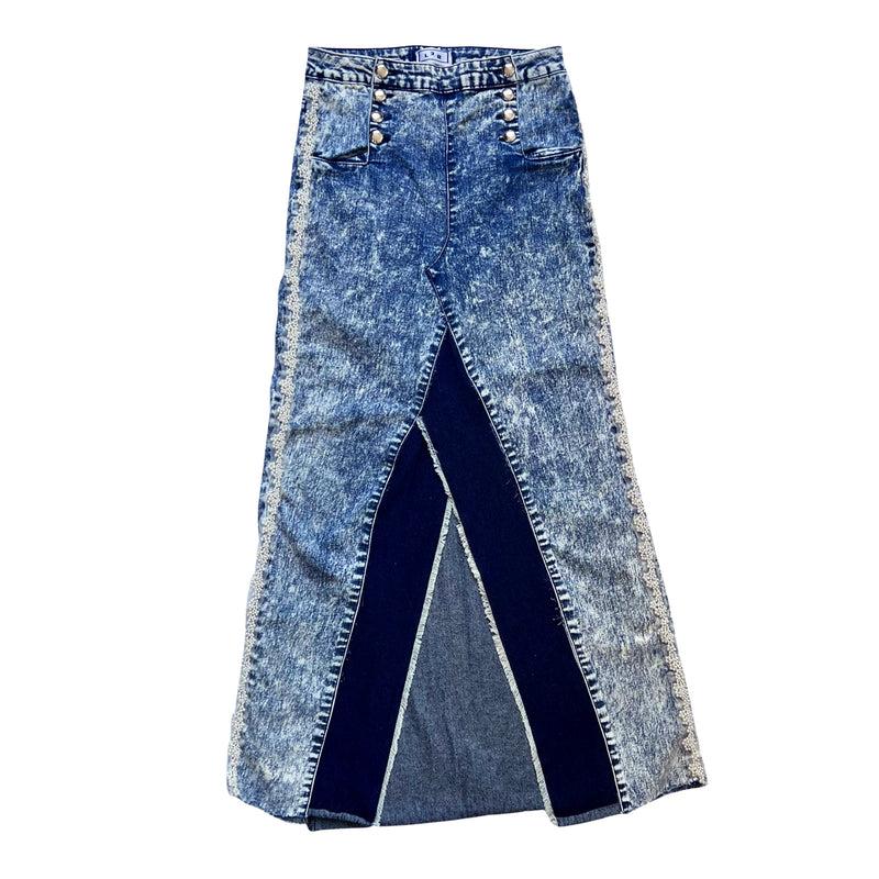 Pearls Embellished Skirt in Washed Blue Denim