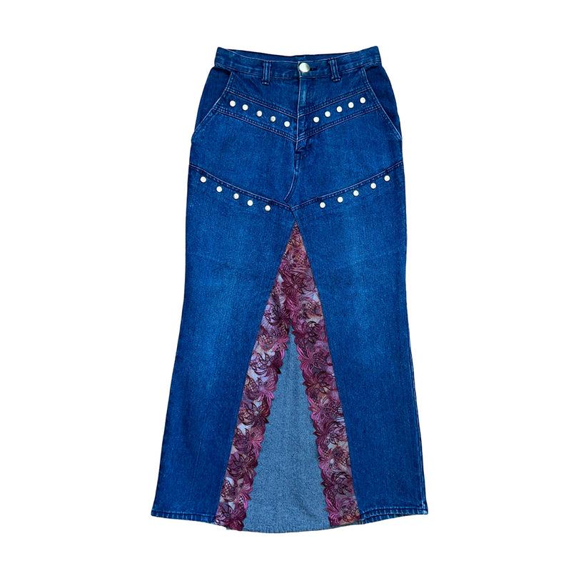 Embellished Denim Skirt in Blue And Burgundy Lace