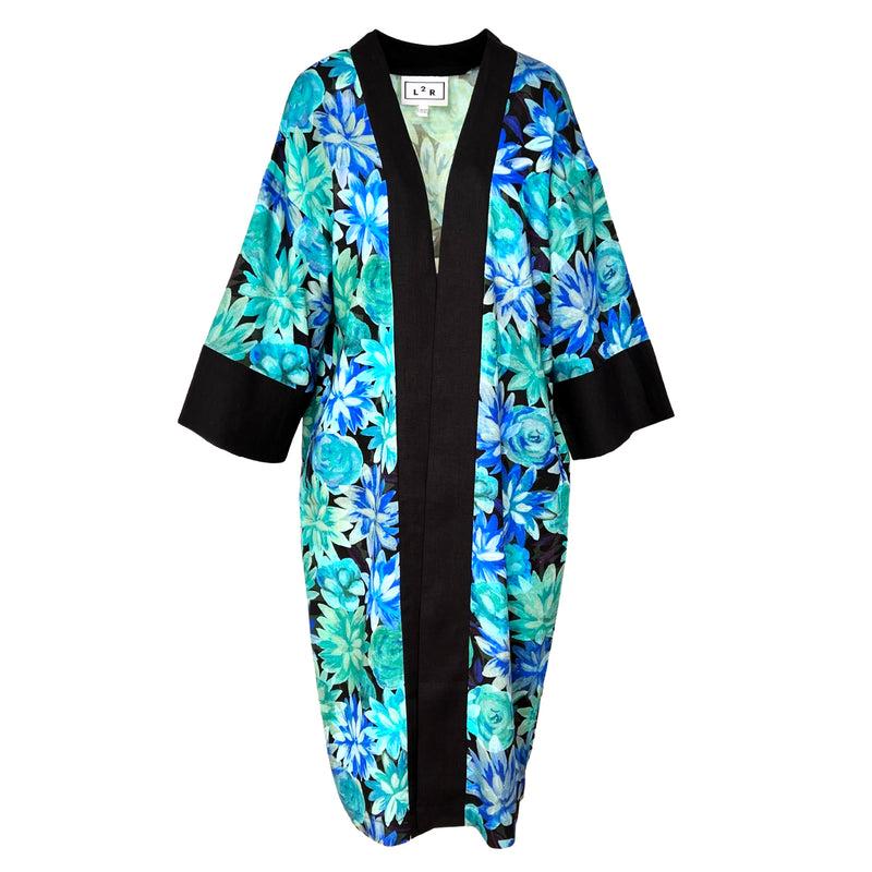 Kimono in Floral Blue Linen