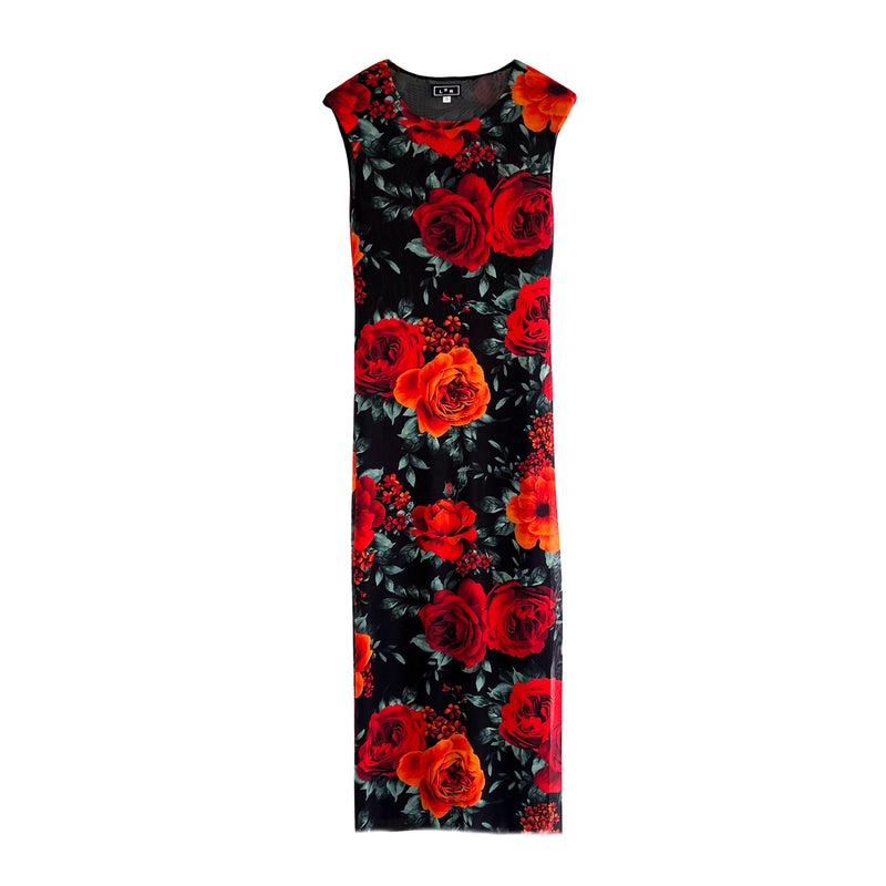 Shoulder Pad Printed Mesh Dress in Floral Red & Black