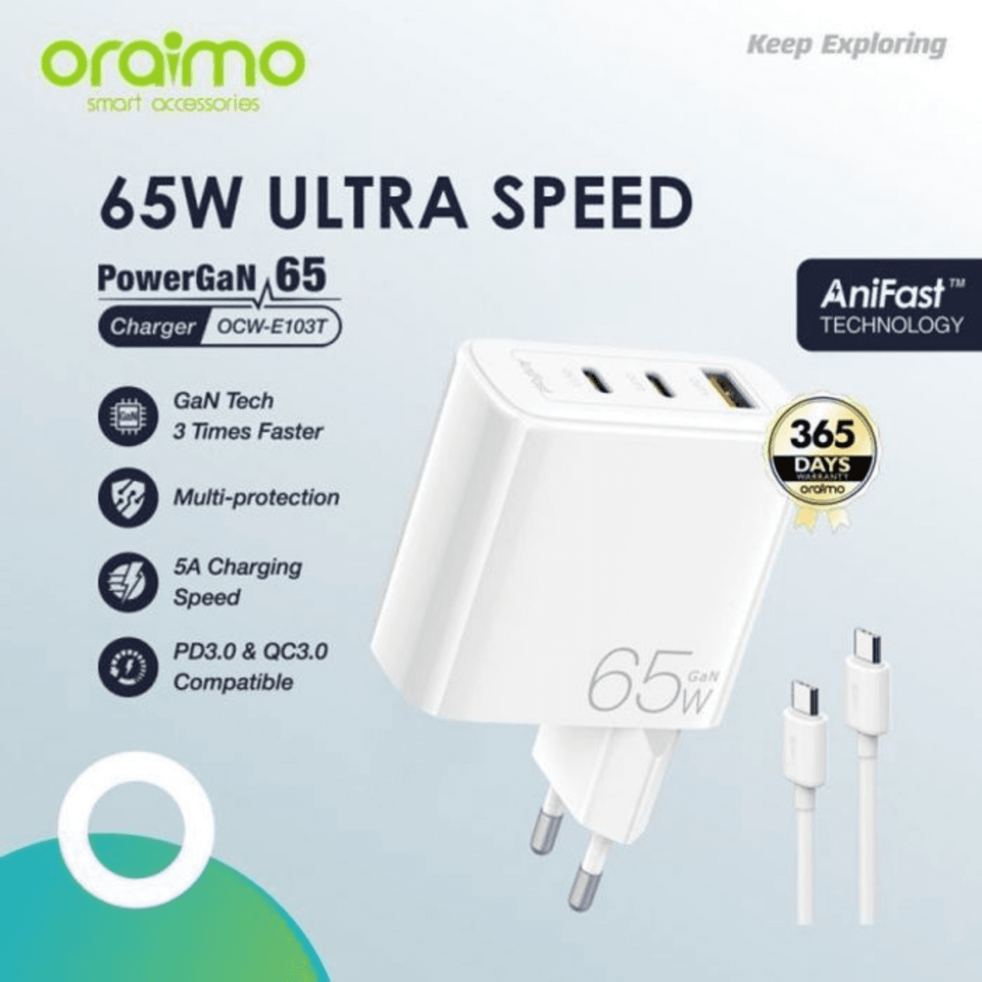 Chargeur E103t - 65w - Charge Rapide - Compatible Macbook Pro/air
