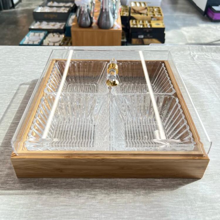 4 Assiettes en plexiglas avec couvercles + Plateau en Bois, Boîte de Fruits 4 Grille