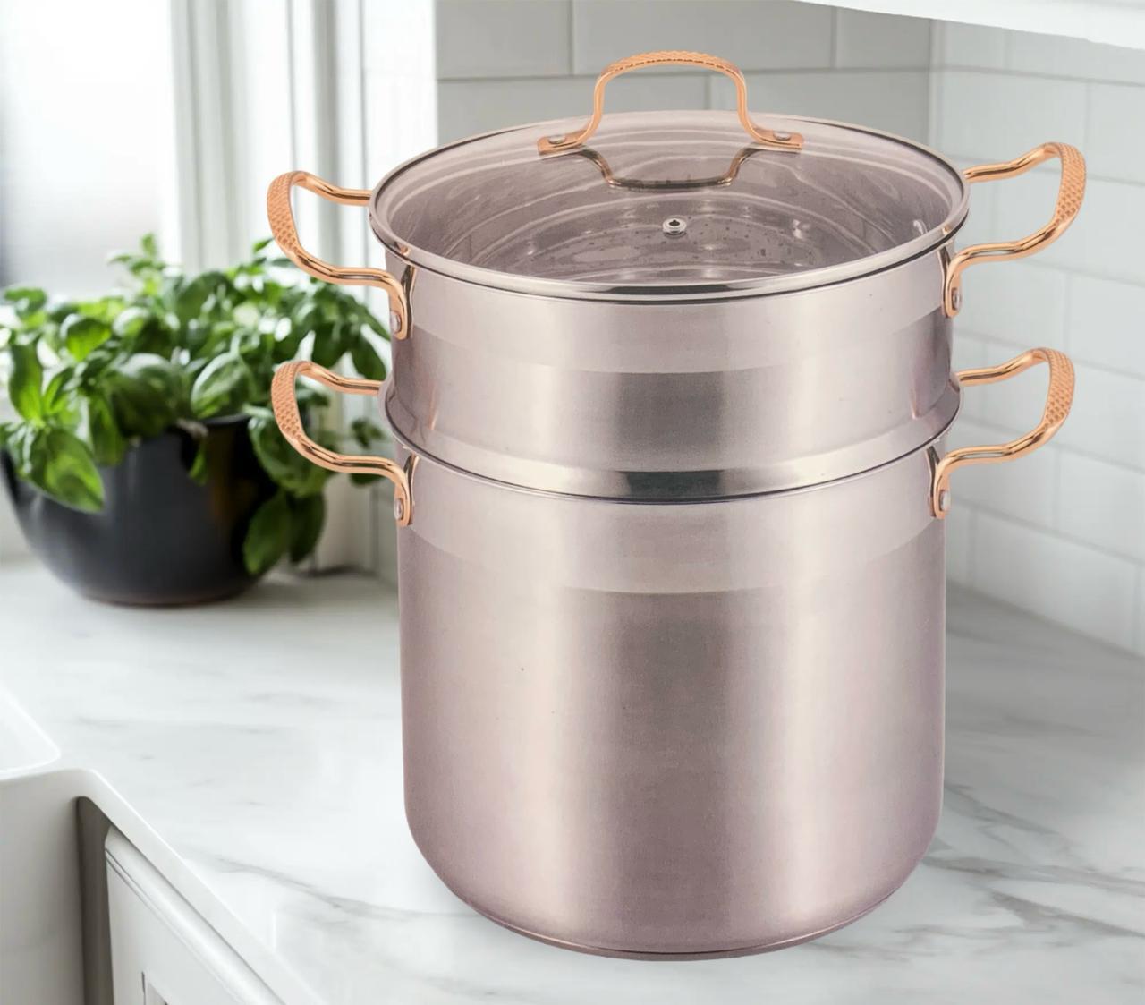 Couscoussier en Inox avec Couvercle en Verre et Anses Bronze Inoxydable Très Haute Qualité