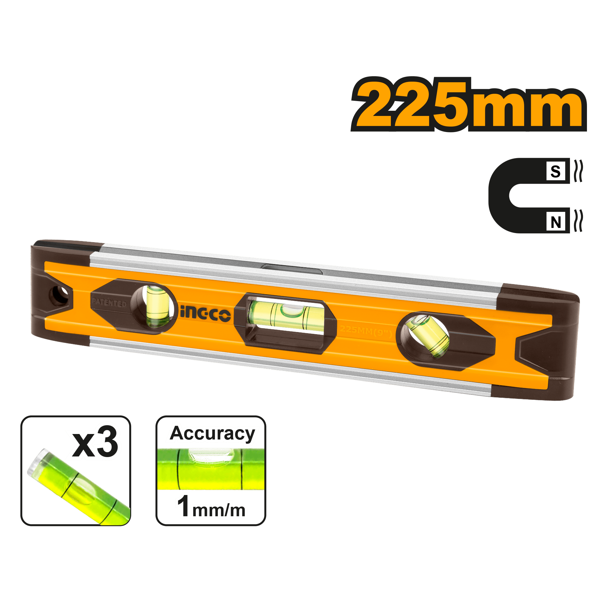 Mini niveau à bulle avec 3 fioles 225mm