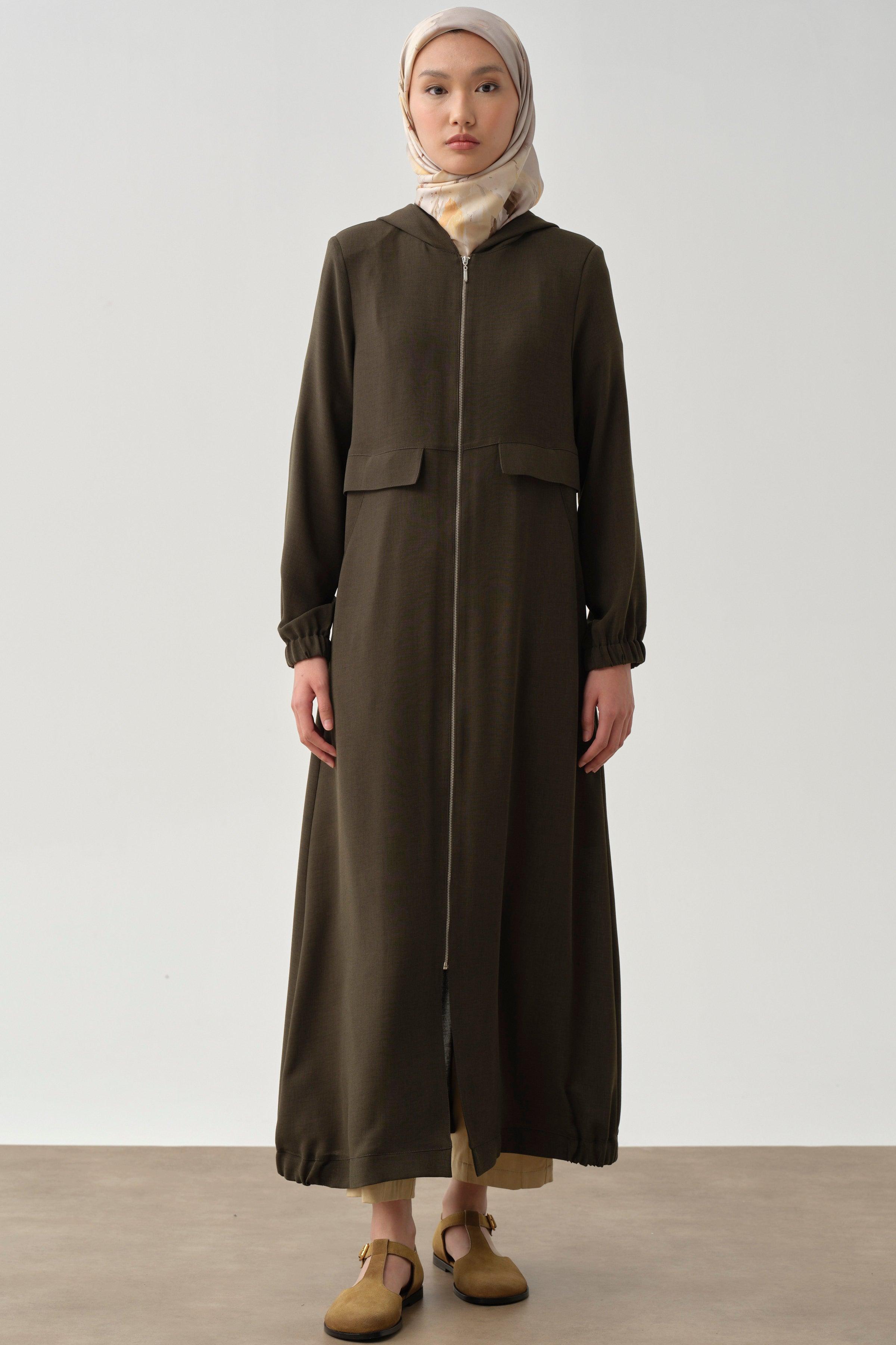 Abaya avec Capuche et Fermeture Éclair - Kaki