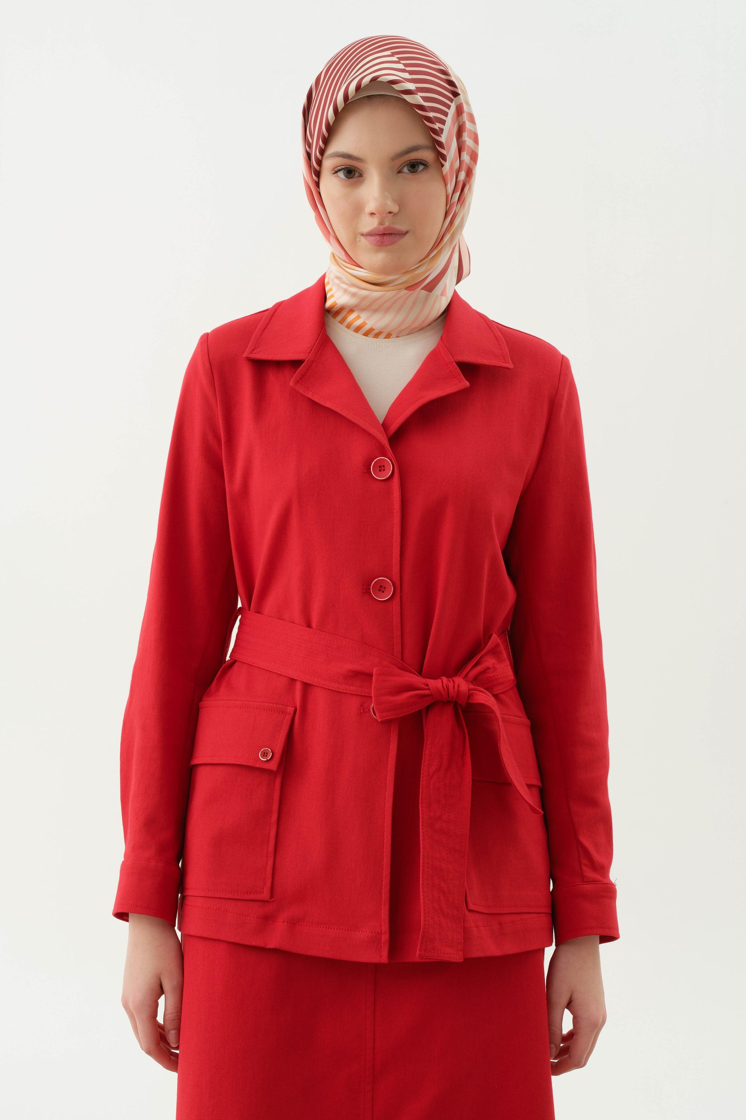 Veste Ceinturée avec Poches - Corail