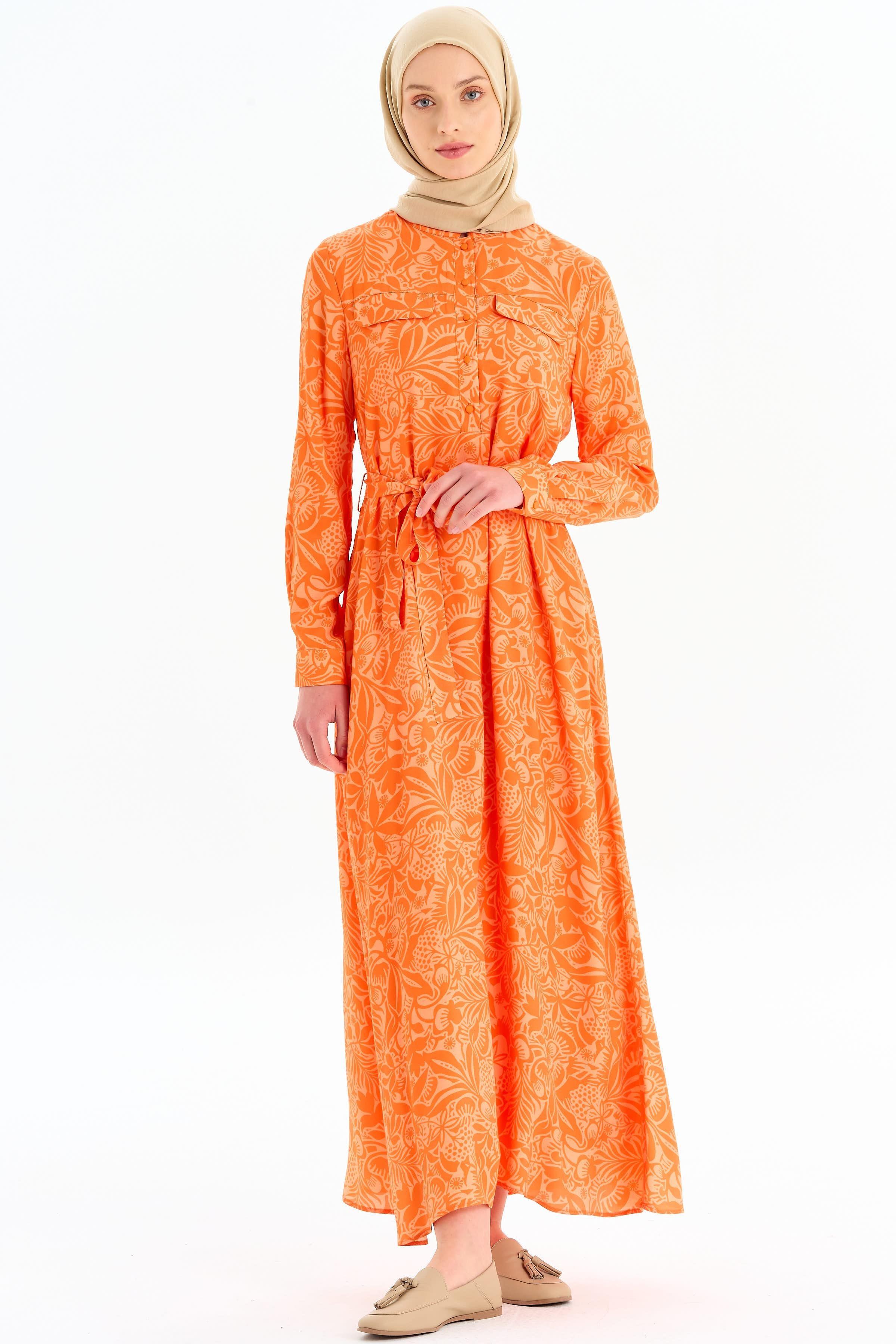 Robe à motif avec ceinture à la taille - Orange