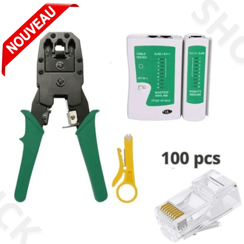 Pince à Sertir Professionnel Câble Réseau Lan Téléphone Rj45 Rj12 Rj11 + Testeur + 100 Connecteurs Rj45 Cat6 Cat5