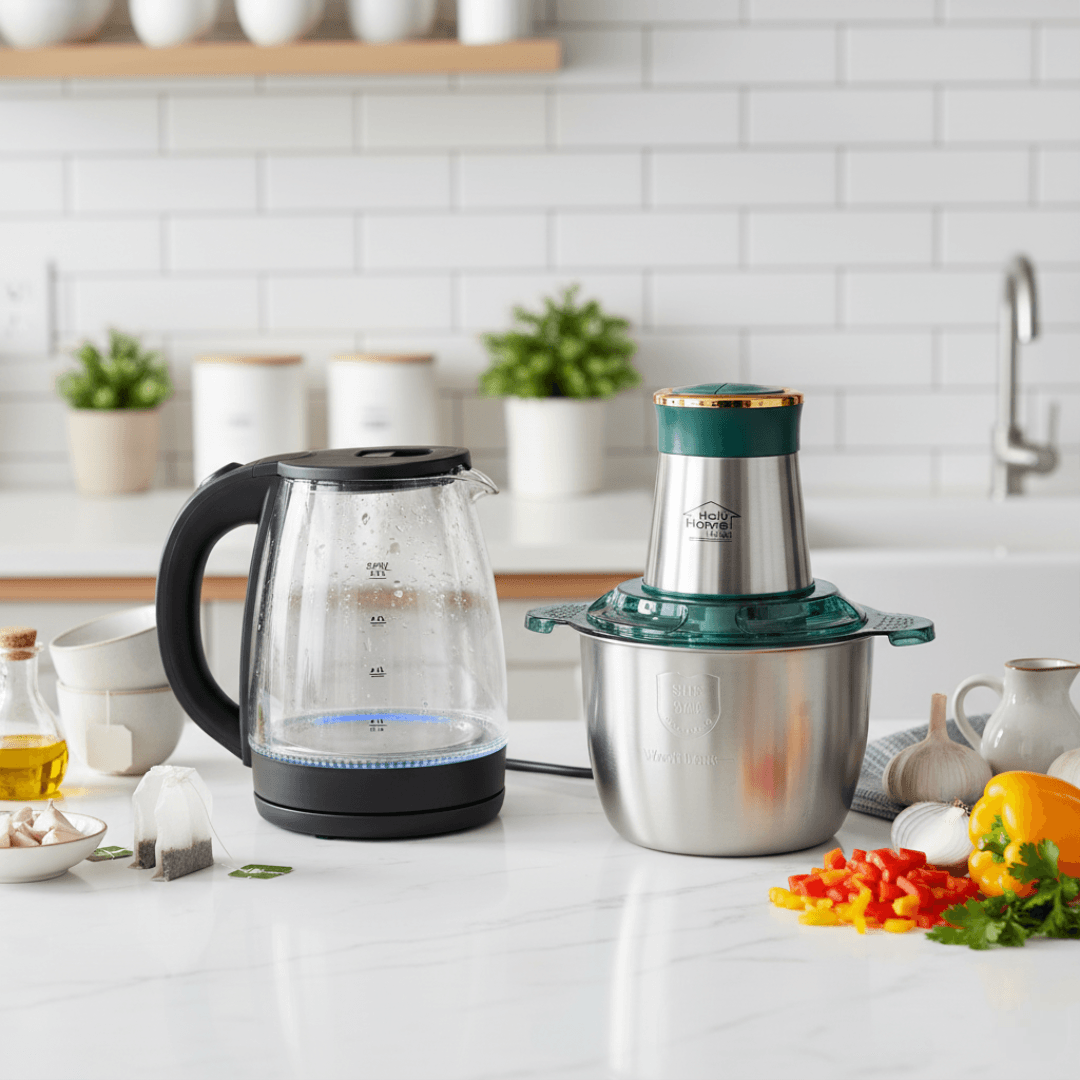 Pack Hachoir 300W Bol Inox 3L + Bouilloire Électrique 2l en Verre Transparent_1500W