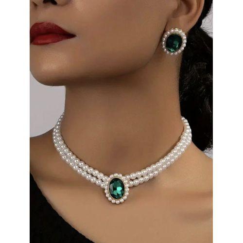 1 paire Boucles Doreilles & 1 pièce Collier Vintage Fausses Perles & À Strass