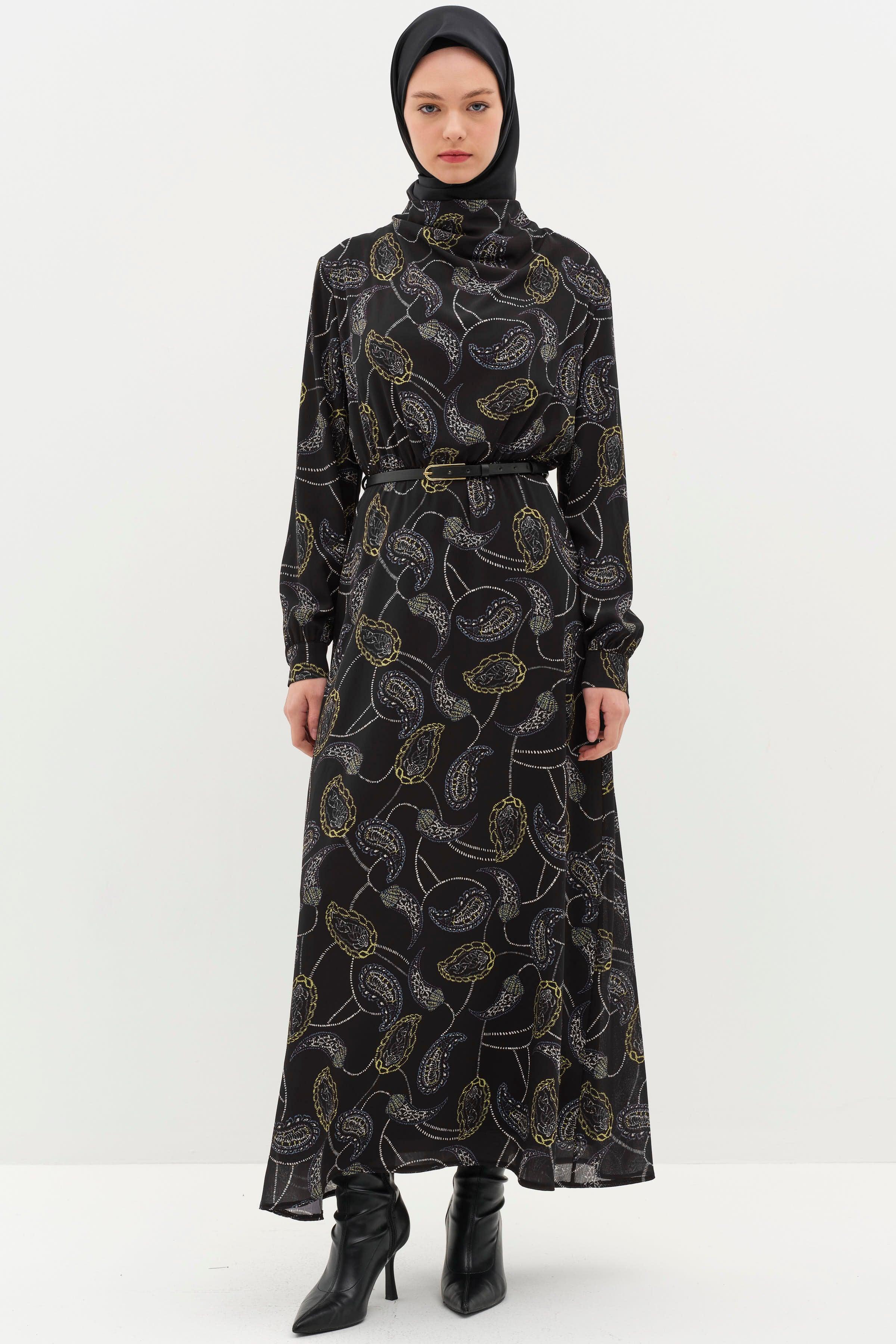Robe à Motifs avec Col Drapé - Noir
