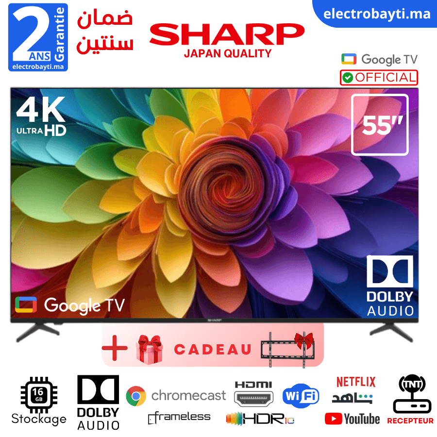 55 GOOGLE TV - 4K UHD Smart Officiel, Dolby AUDIO, HDR10, Qualité japonaise, garantie 2 ans + Support Gratuit