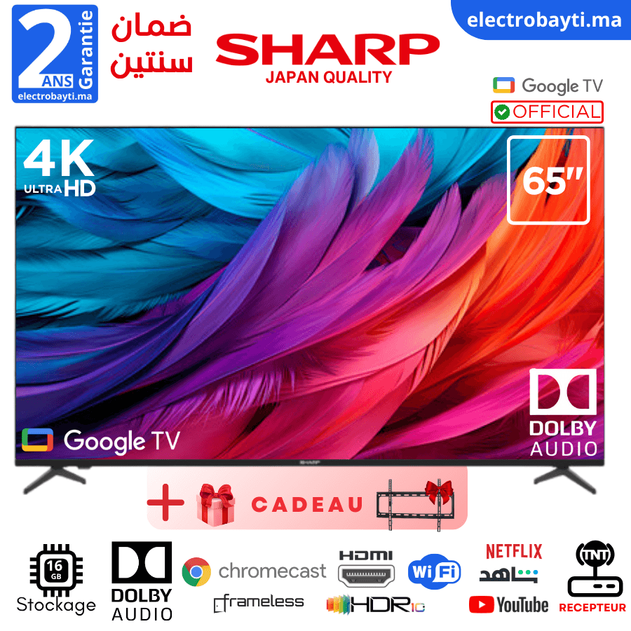 65 GOOGLE TV - 4K UHD Smart Officiel, Dolby AUDIO, HDR10, Qualité japonaise, garantie 2 ans + Support Gratuit Garantie 2ans