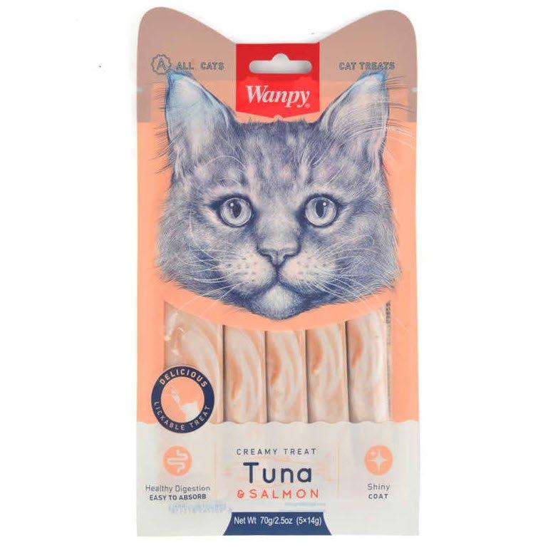 Wanpy friandises Crémeuses à Lécher pour Chat Thon et Saumon 5 sachets de 14 g.
