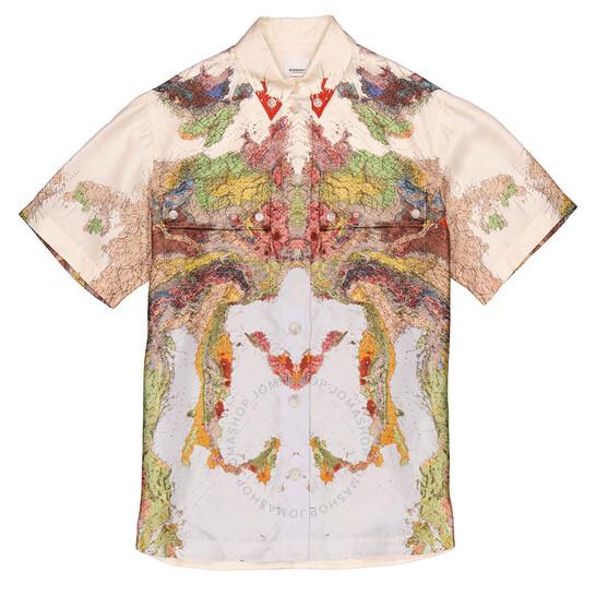 Ladies Fionn Silk Map Print Bowling Shirt In Blue