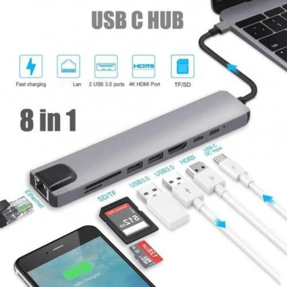 Adaptateur 8en1 Type-C Vers PD HDTV HDMI 4K RJ45 USB 3.0/3.1 Carte SD/TF