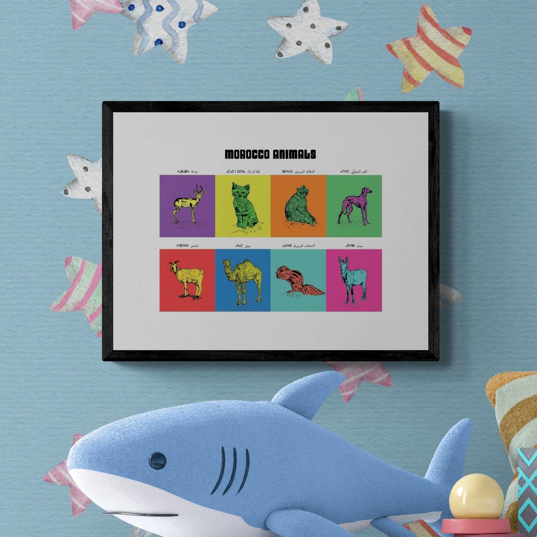 Affiche : planche zoologique de 8 animaux du Maroc, version POP, collection Morocco Animals