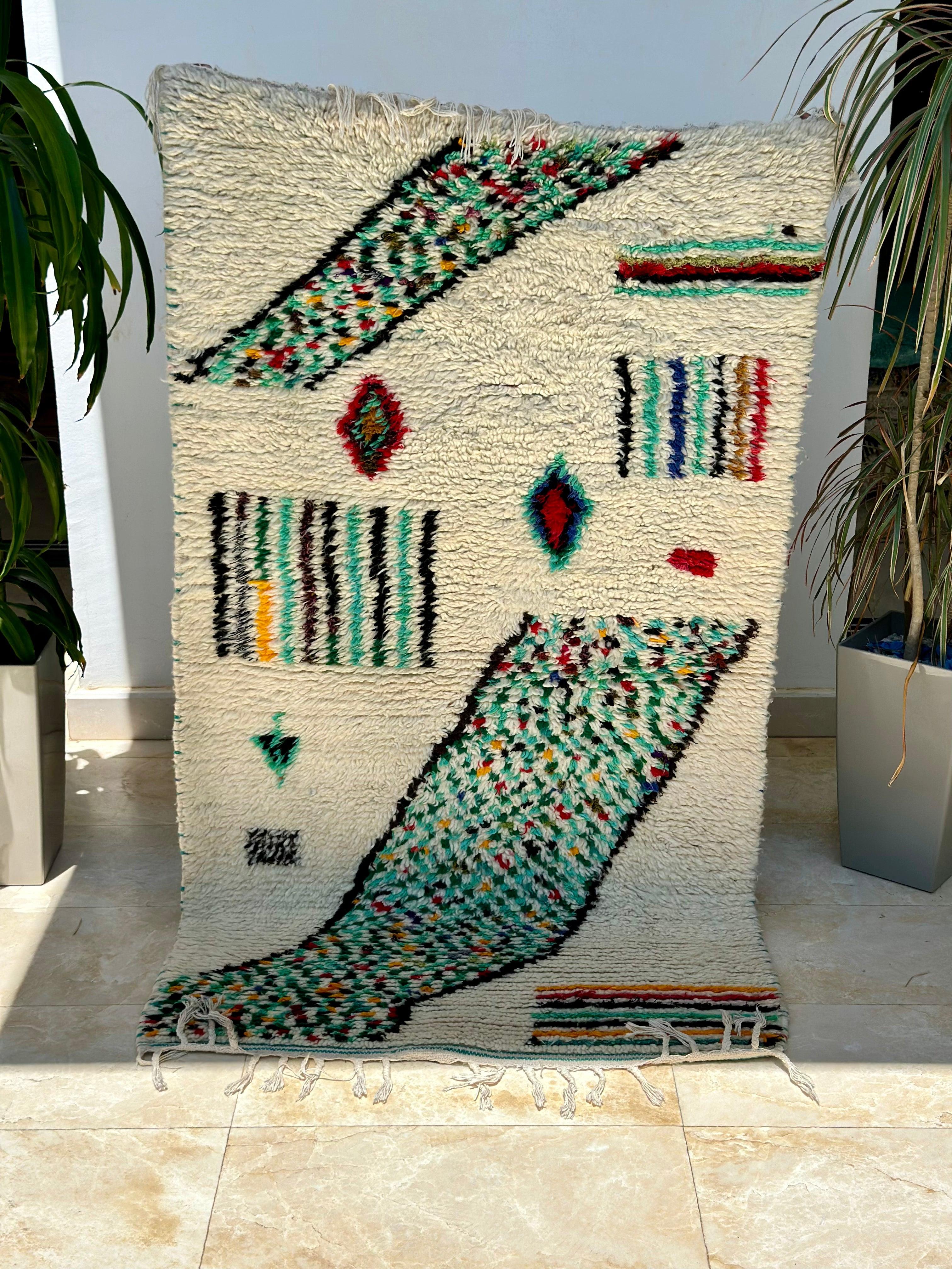 Tapis berbère Azilal crème, turquoise 100% laine de mouton 166cm/95cm