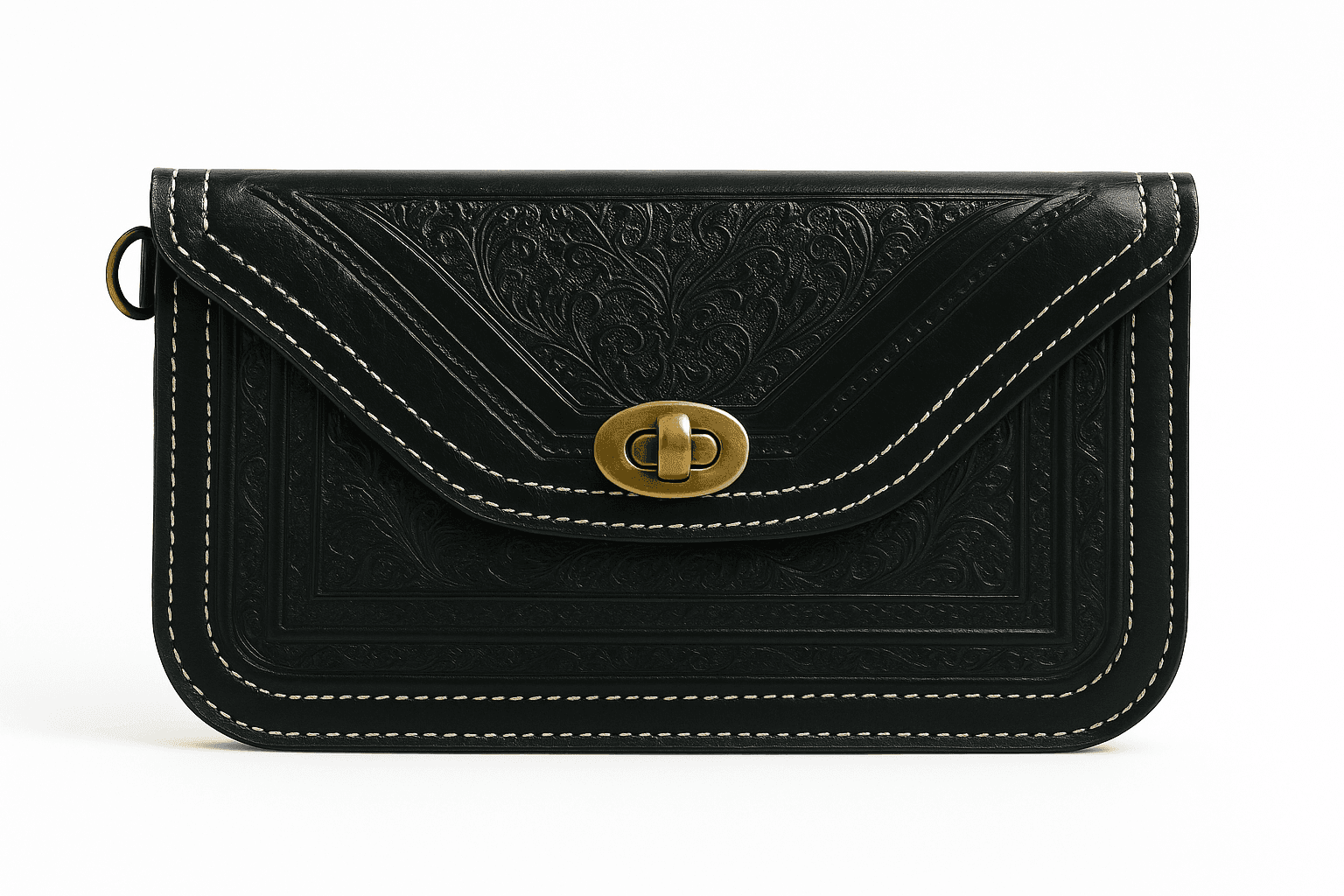 Sac à bandoulière en cuir noir – fabriqué à la main avec détails floraux en relief