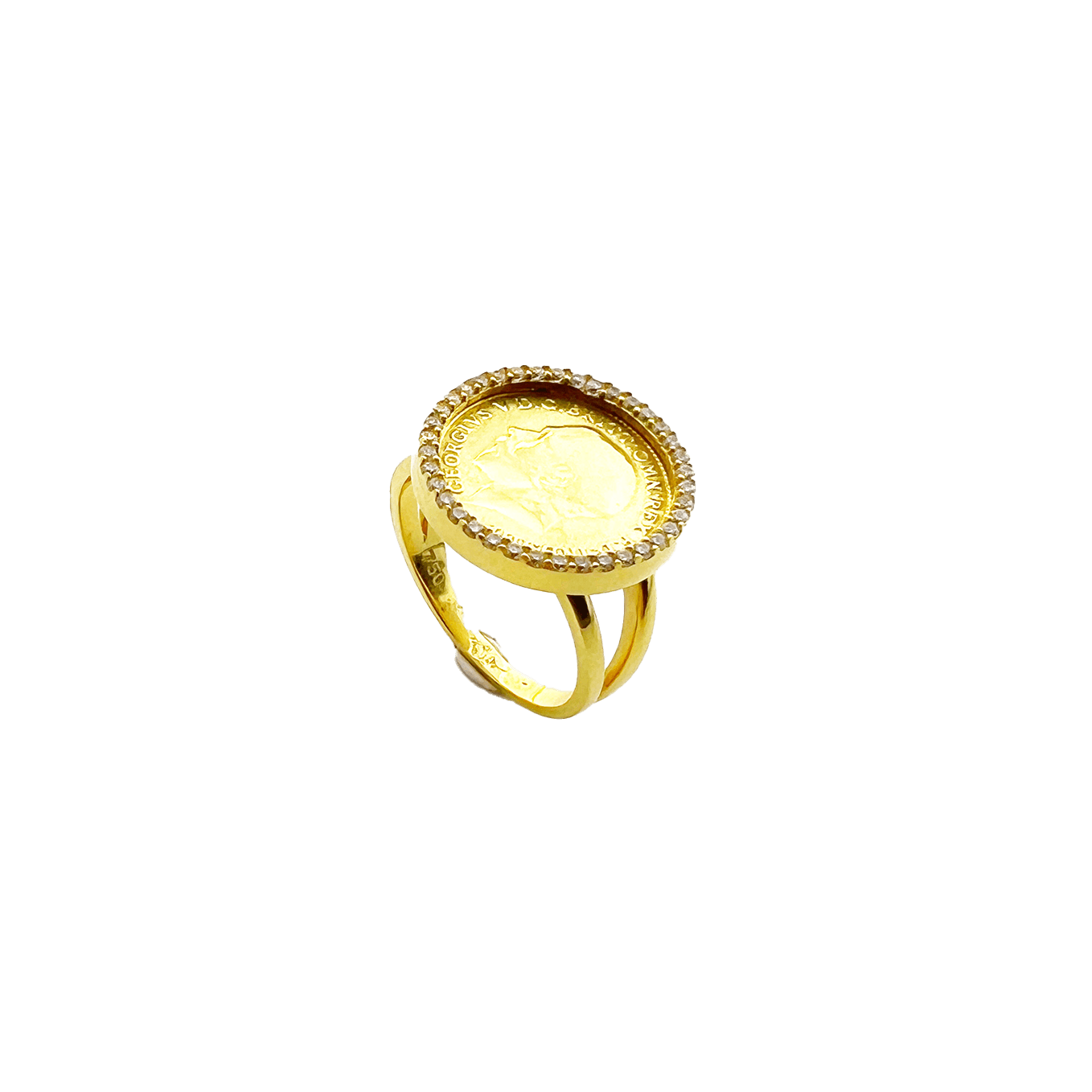 Bague Pièce Or Jaune 18K avec Halo Diamilites – Symbole d'Élégance et d'Héritage Royal.