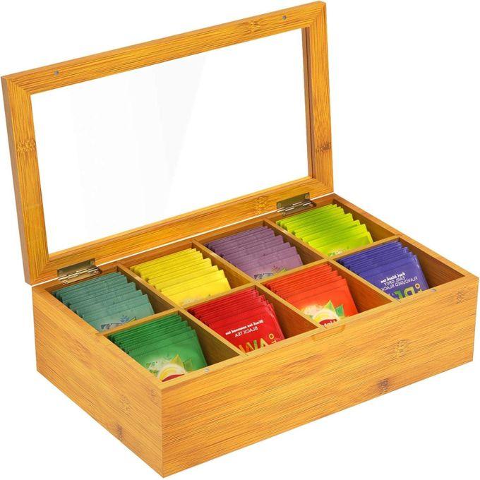 Boîte à thé ( 8 compartiments ) en bambou Rangement Organiseur Pour sachets Infusion Tisane