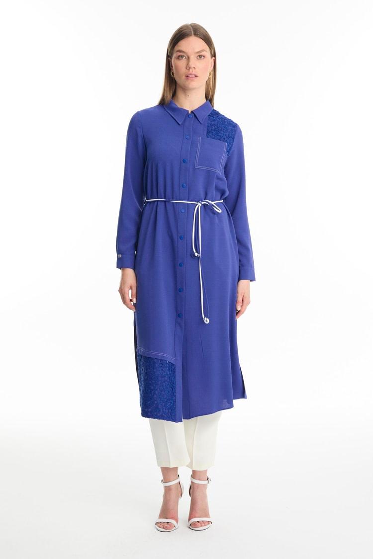 Tunique longue violette à col chemise avec dentelle T-1451
