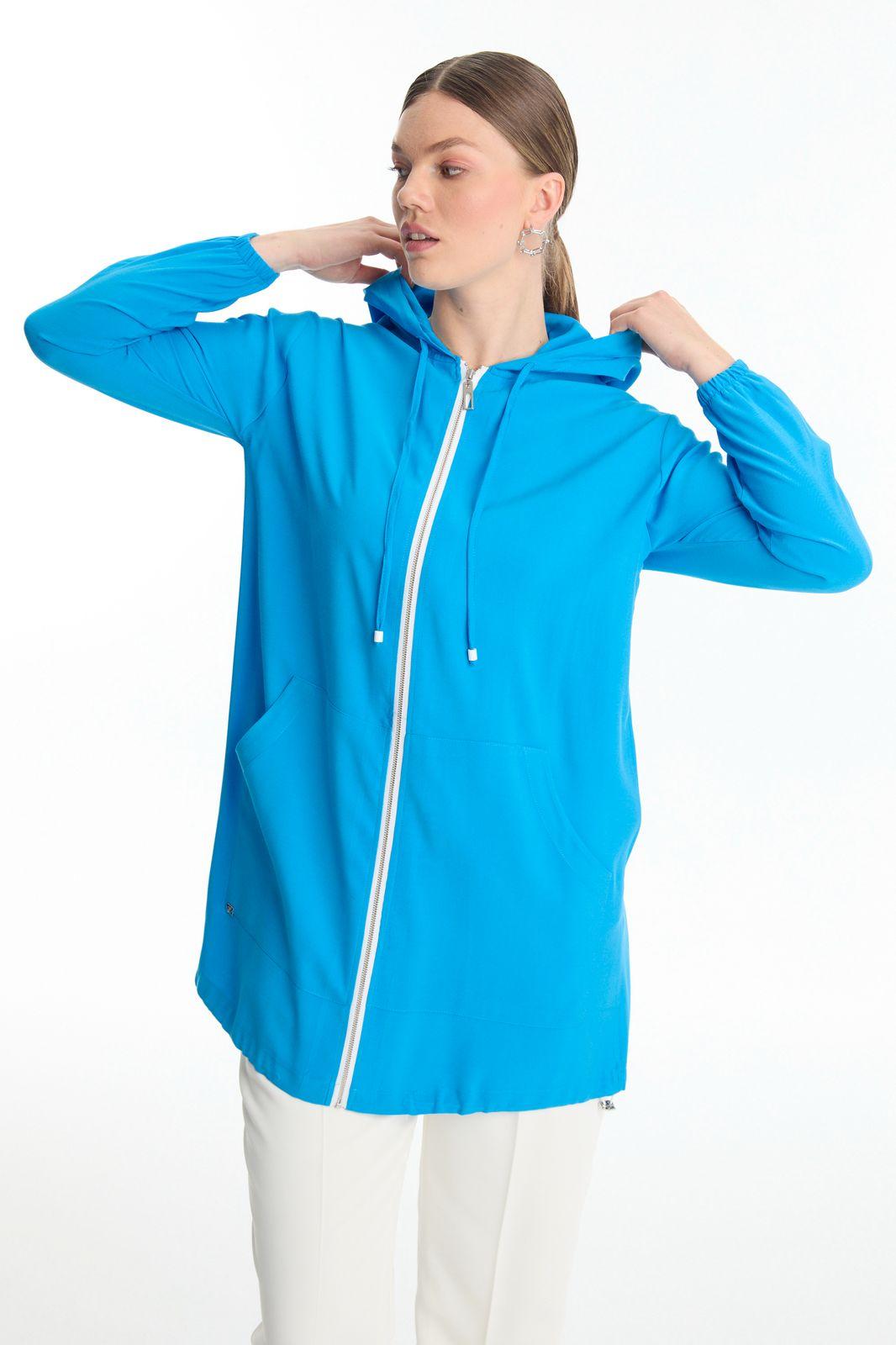 Cardigan turquoise à capuche et fermeture éclair C-0122