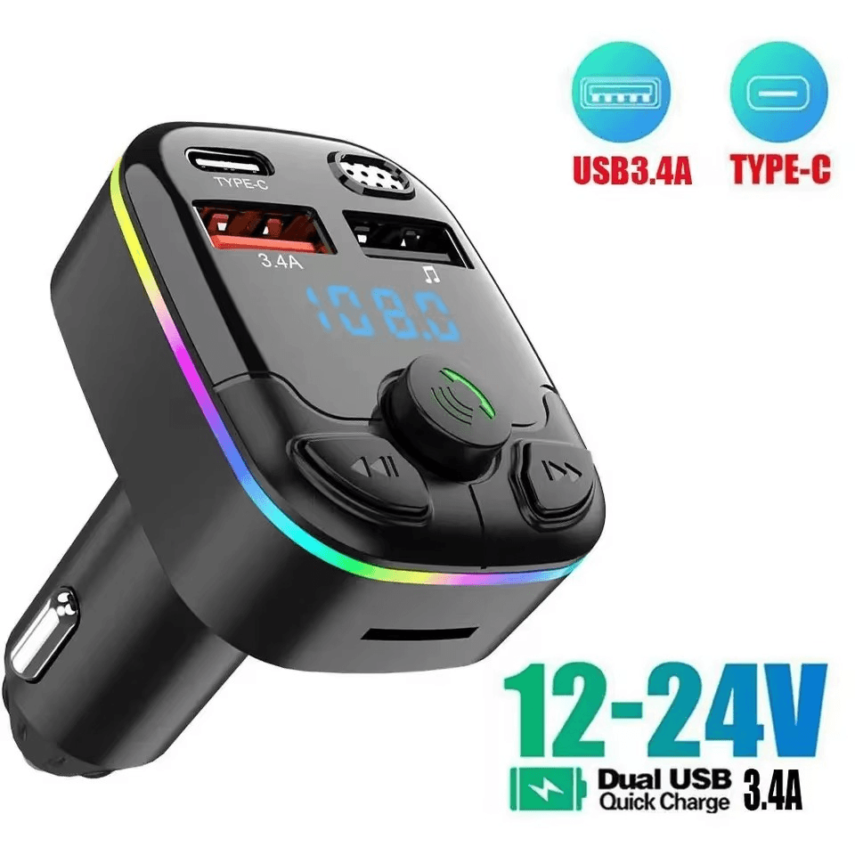 Chargeur de voiture Bluetooth 5.0, transmetteur FM, USB Type-C PD, lecteur d'ambiance, MP3, sans fil, lumière, mains libres, pour touristes
