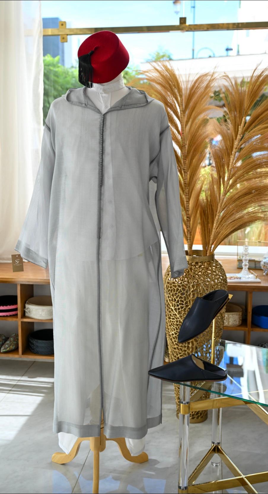 Djellaba en Laine de Soie -Gris Clair