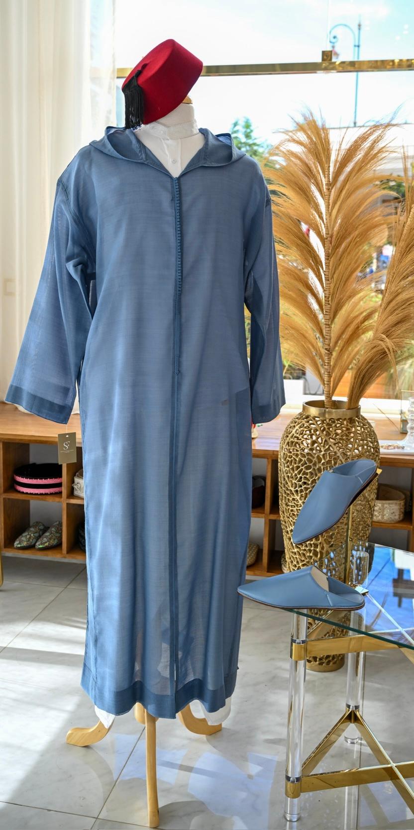 Djellaba en Laine de Soie -Bleu Pétrole