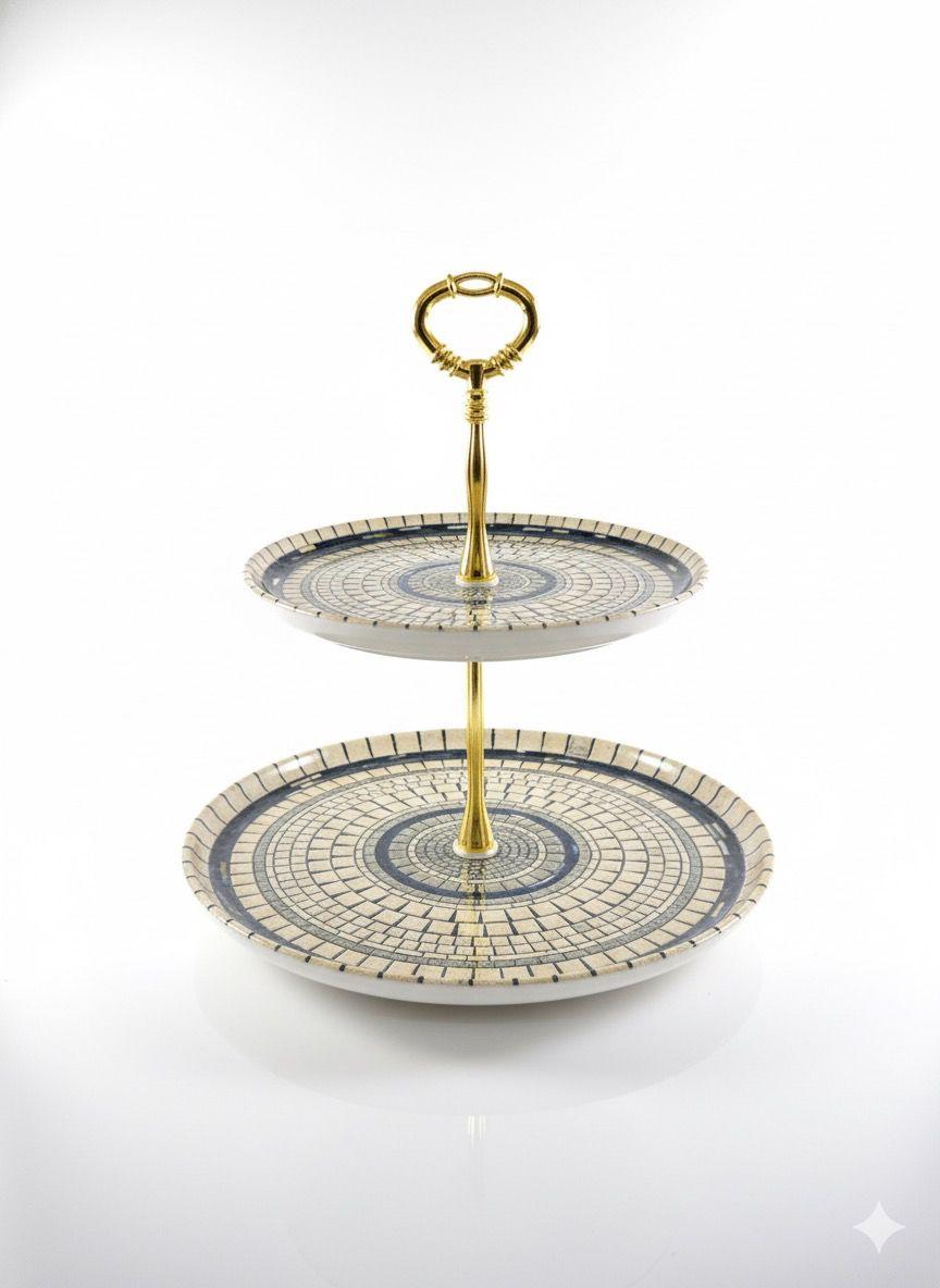 Présentoir à Gâteaux 2 Étages en Céramique et Métal Doré