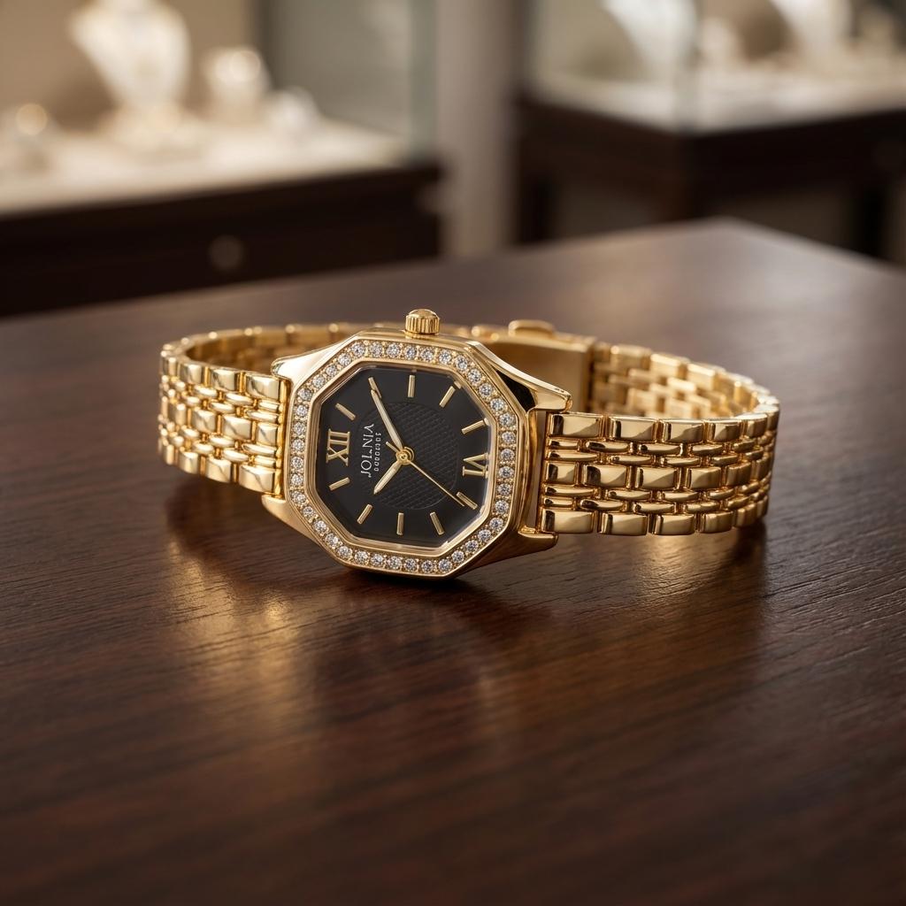 Montre dorée femme – Élégance noire & éclat précieux