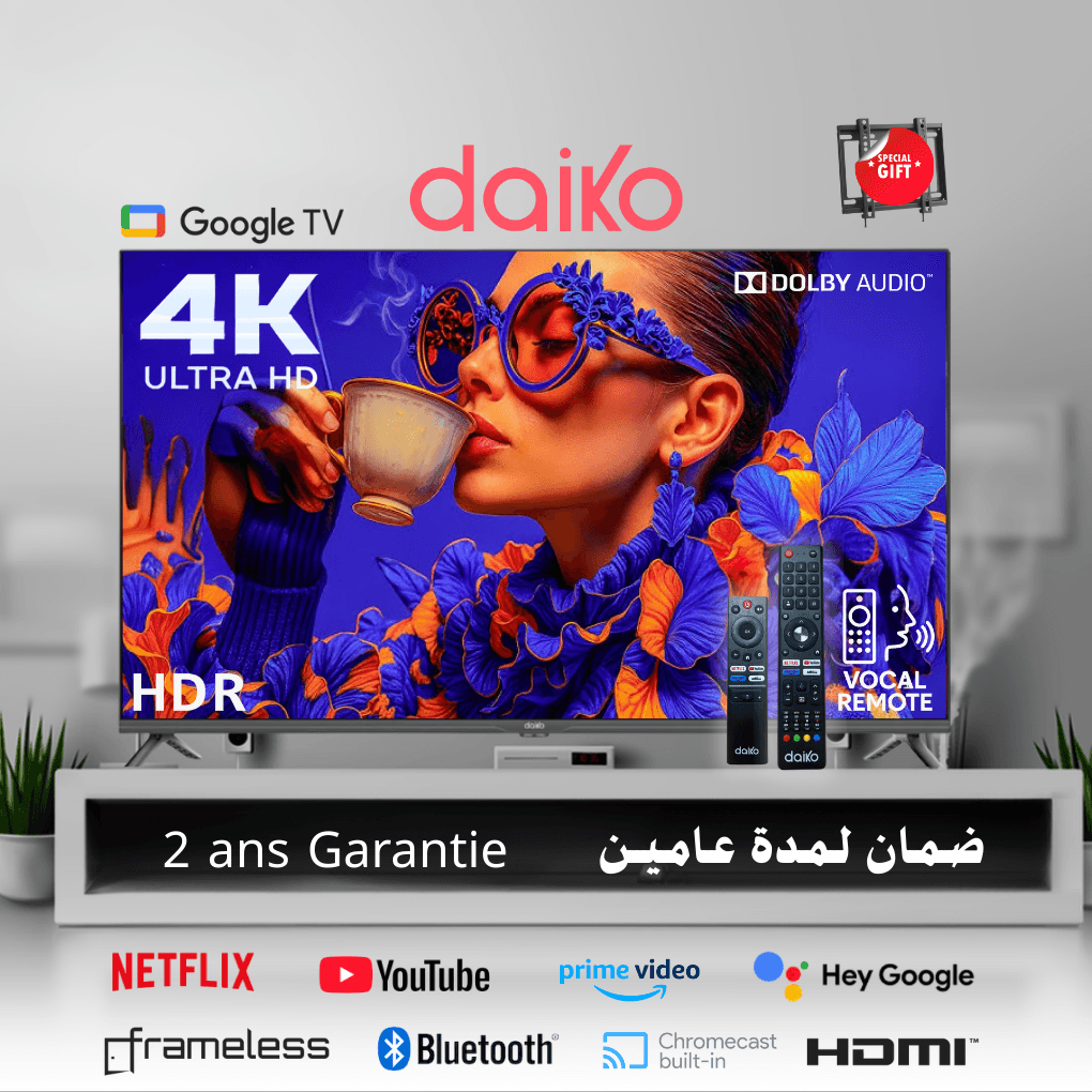55 4K UHD Google TV AI96 Design Sans Bord, HDR10, Dolby Audio, Wi-Fi & Bluetooth + Support Gratuit