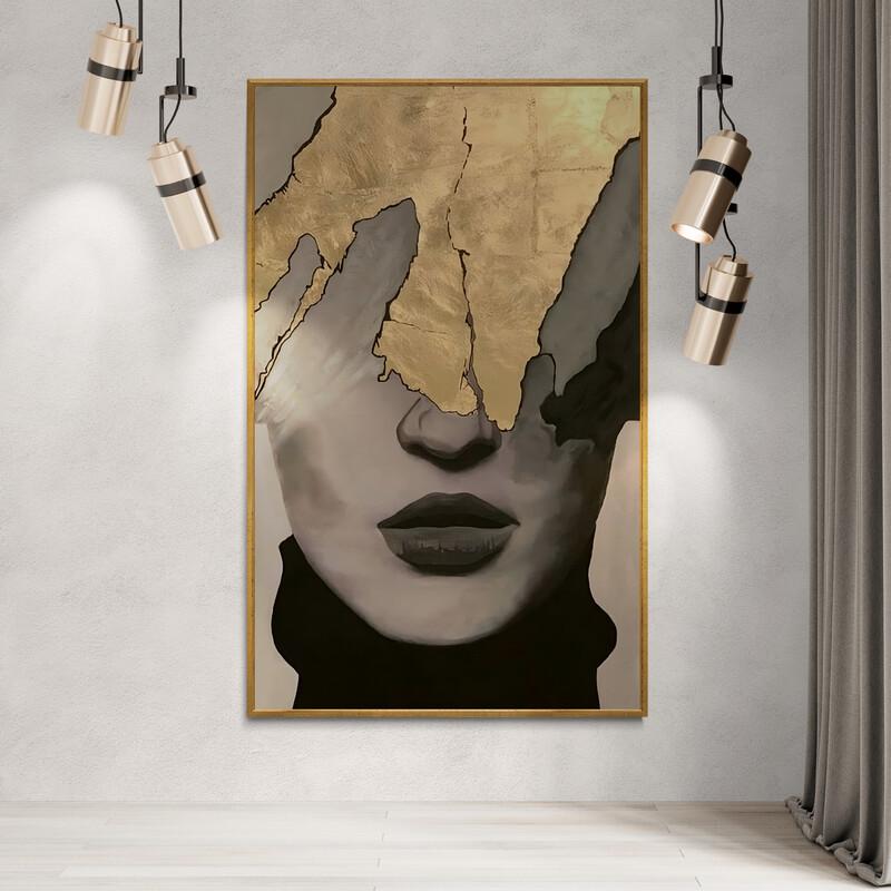 Tableau Visage Monochrome Et Feuilles D’or