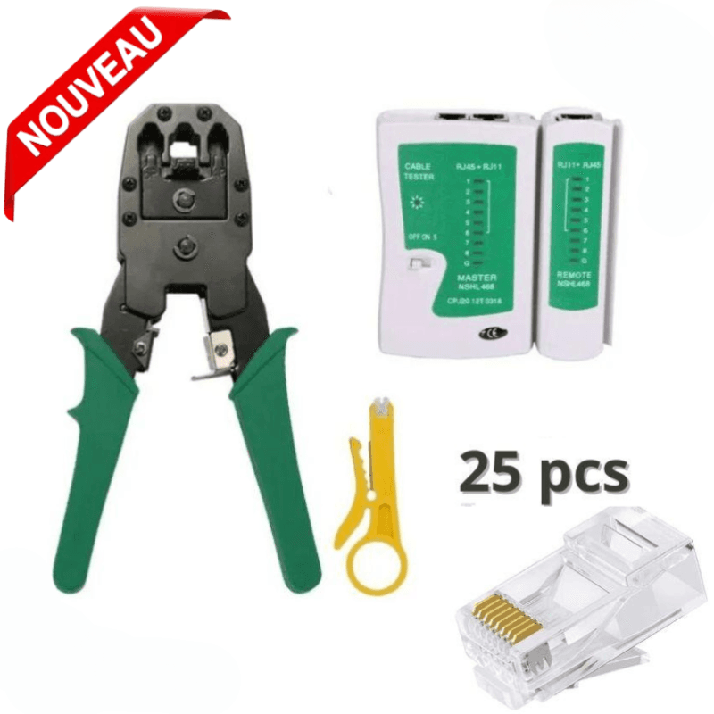 Pince à Sertir Professionnel Câble Réseau S Lan Téléphone Rj45 Rj12 Rj11 + Testeur + 25 Connecteurs Rj45 Cat6 Cat5