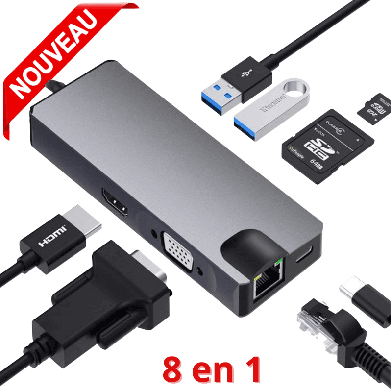 Adaptateur Type C to Hdmi Vga Rj45, Type C Hdmi 4k , Usb 3.0, Lecteur Carte 8 en 1
