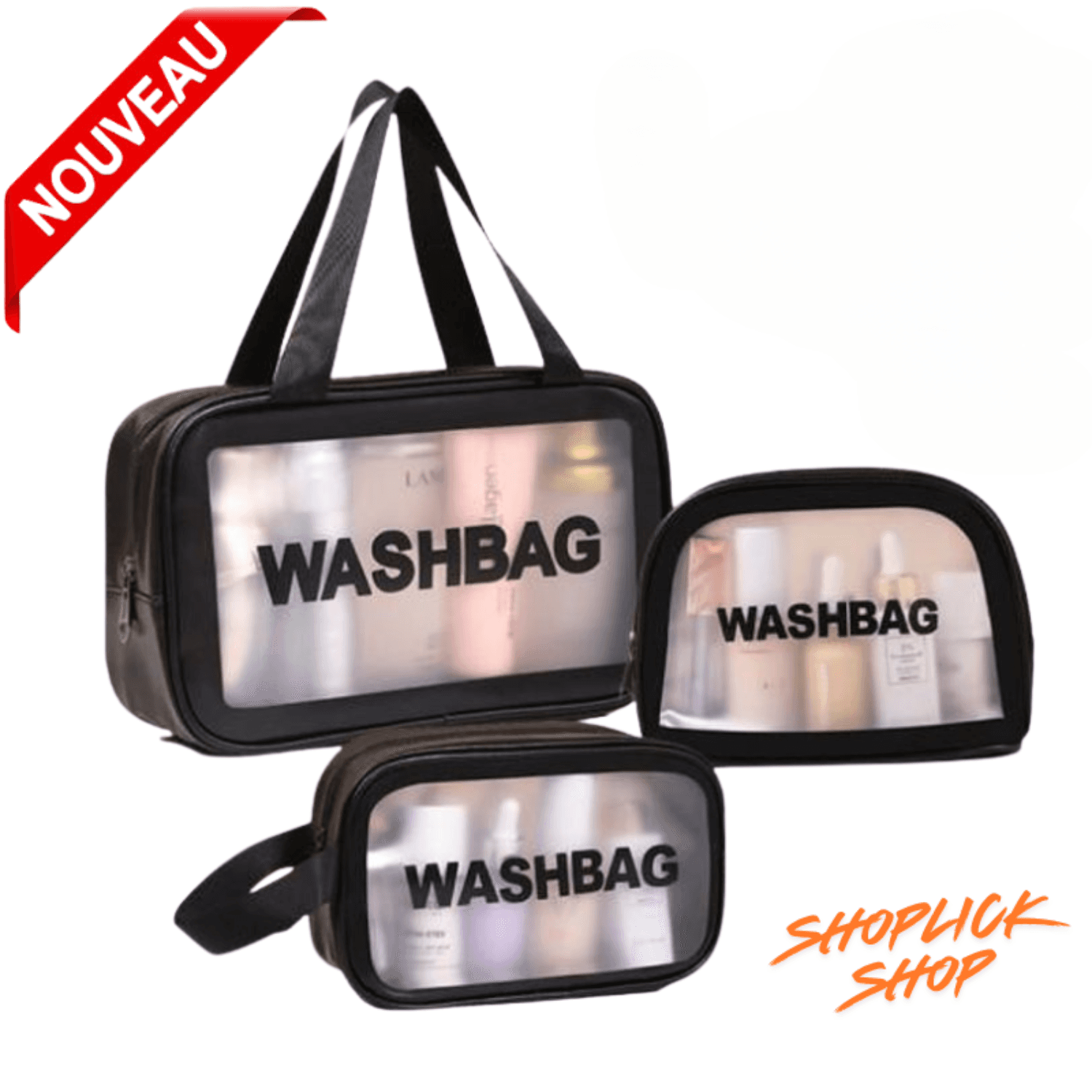 Trousse de maquillage de toilette imperméable en PVC Unisex pour femmes et les hommes 3 Pieces (Noir)