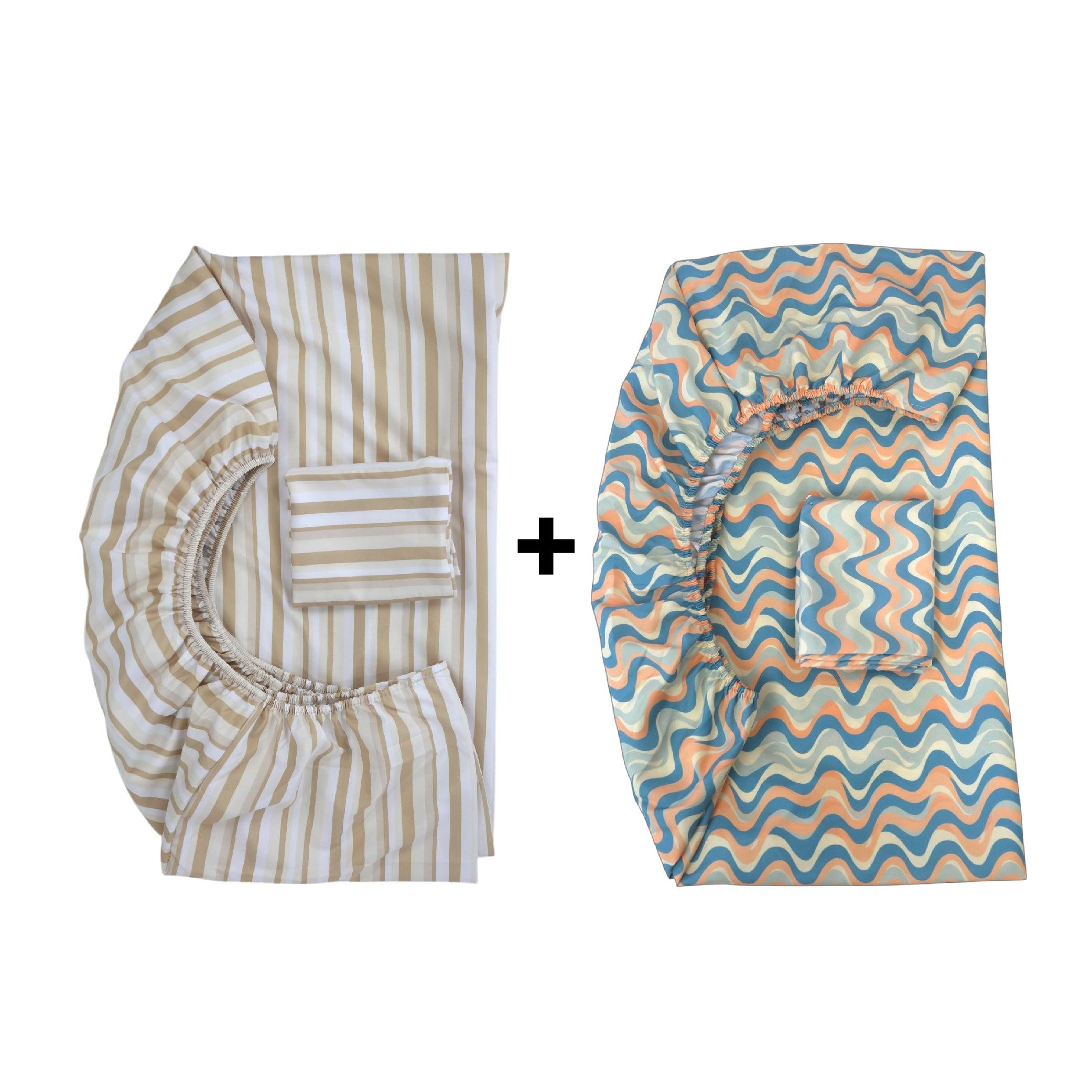 Set Draps Housse Bébé Imprimé Rayures et Vagues (2 Draps housse 60x120 cm) + (2 TO 30x50cm)