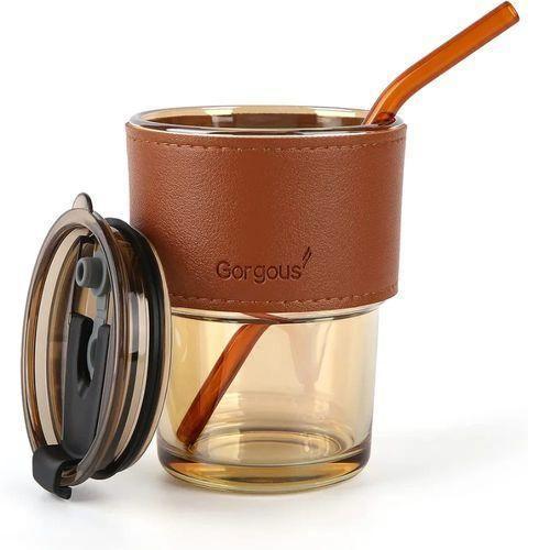 Tasse à café en verre avec enveloppe en cuir et couvercle anti-fuite