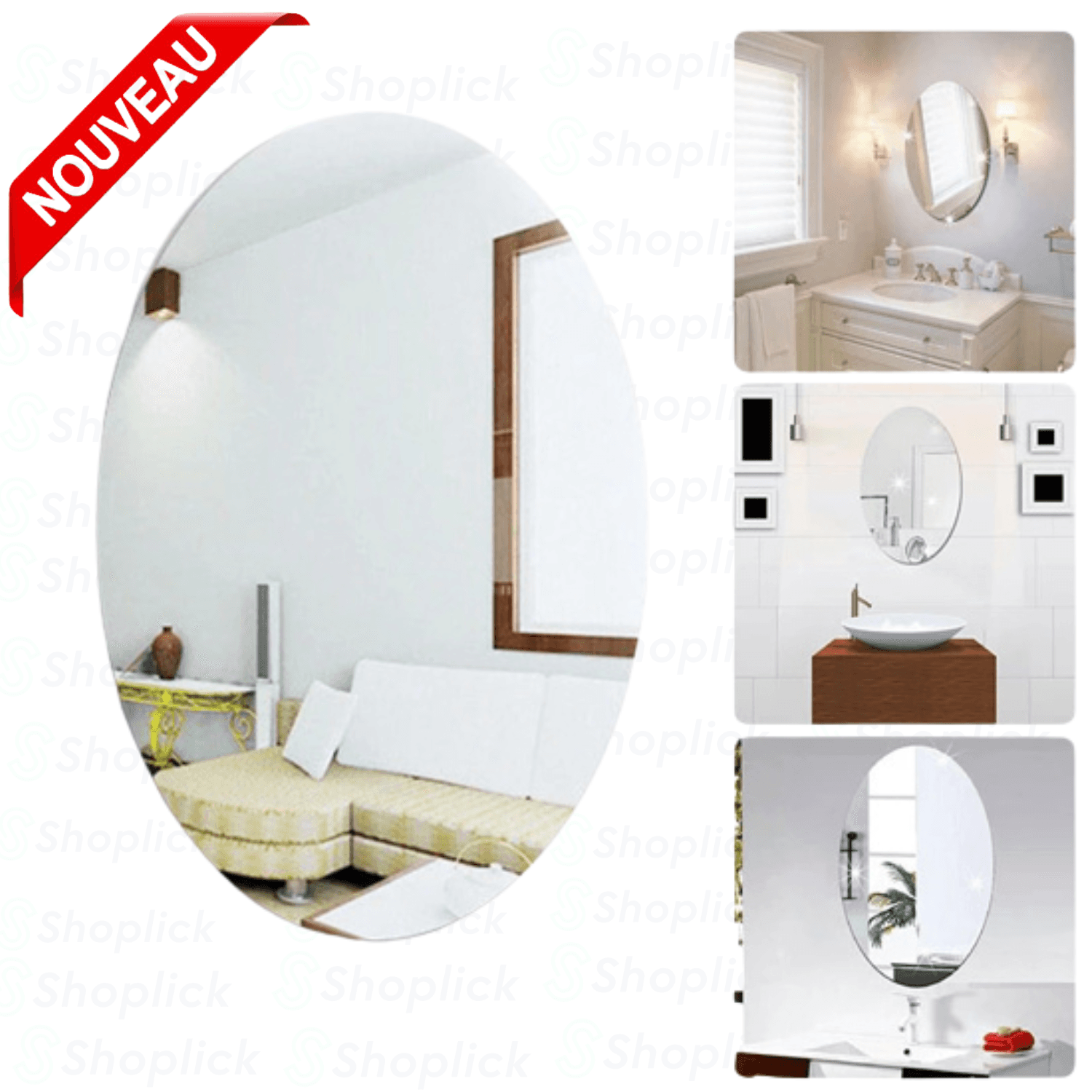 Miroir adhésif de forme ovale pour mur Autocollant