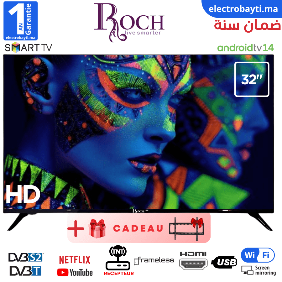 Roch - LED - Smart TV - 32 pouce Android 13 Sans cadre avec support