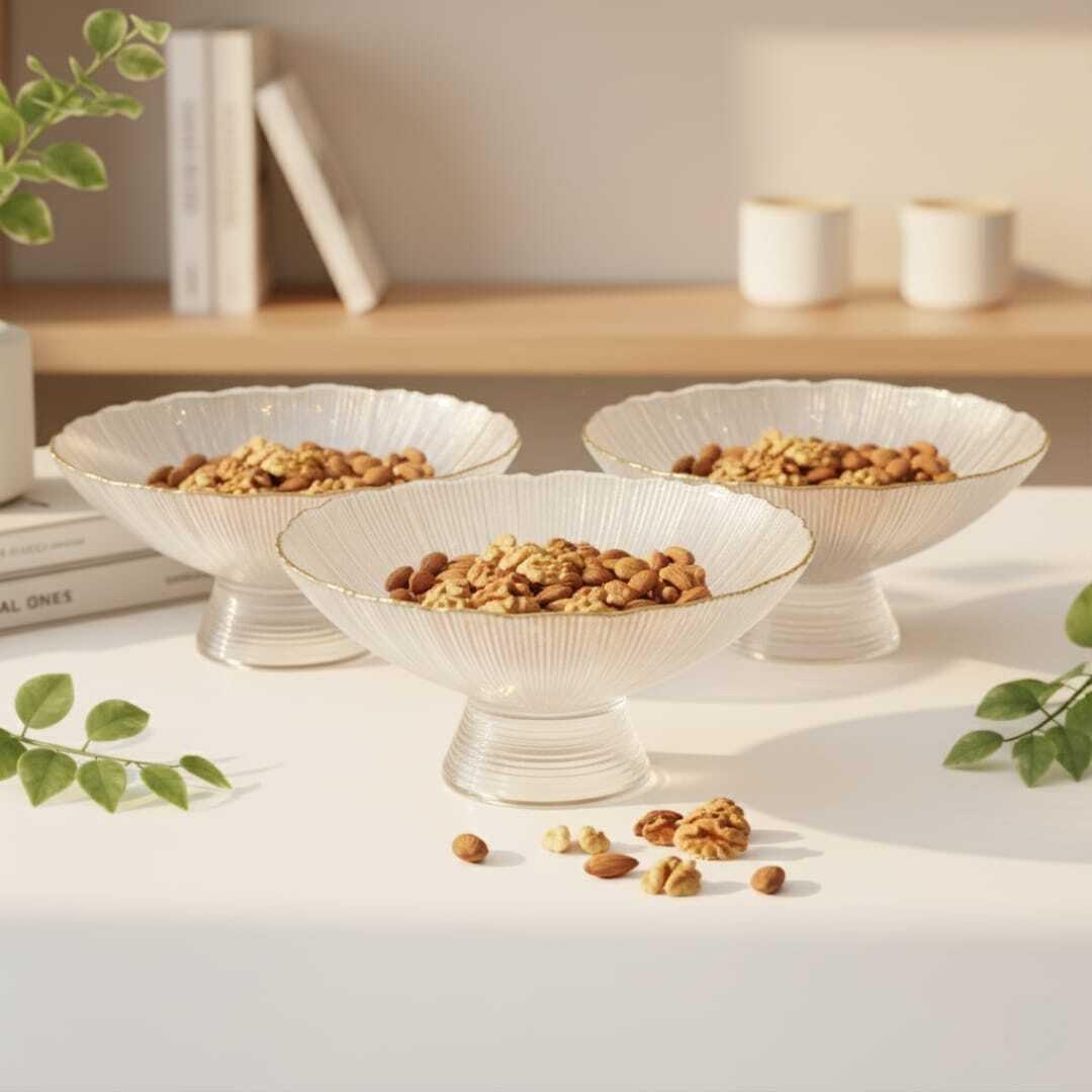 Lot 3 coupes de Service en cristal en Verre Transparent avec Bordure Dorée – Sur Pied 15cm/9cm