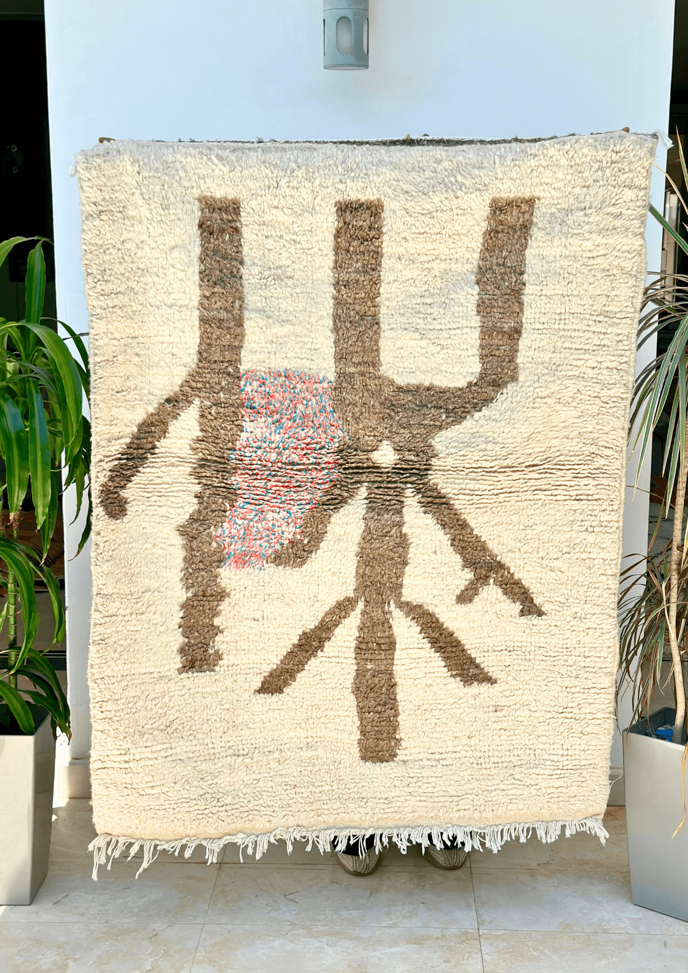 Tapis berbère Mrirt crème et marron 100% laine de mouton