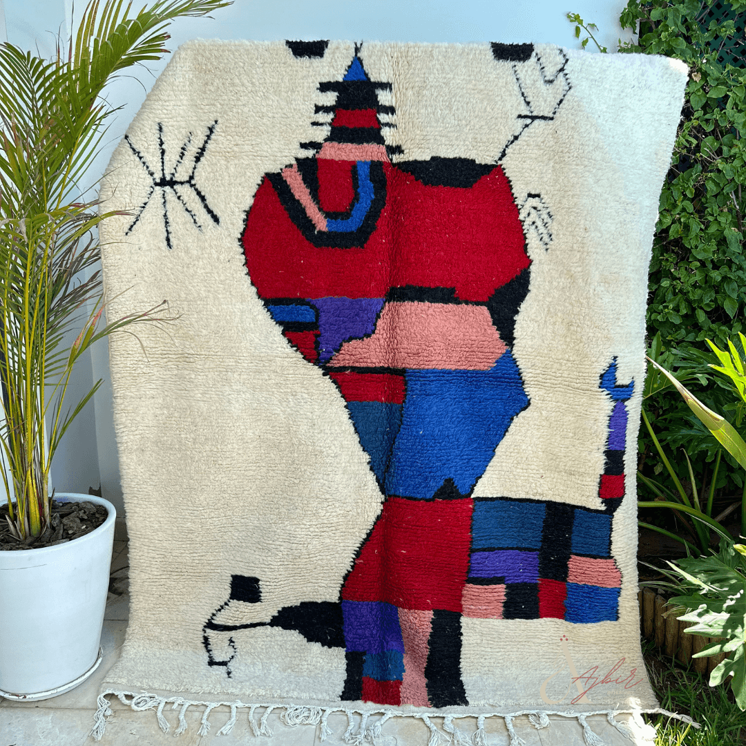 Tapis berbère Azilal crème, rouge et bleu 100% laine de mouton 2,37m/1,69m