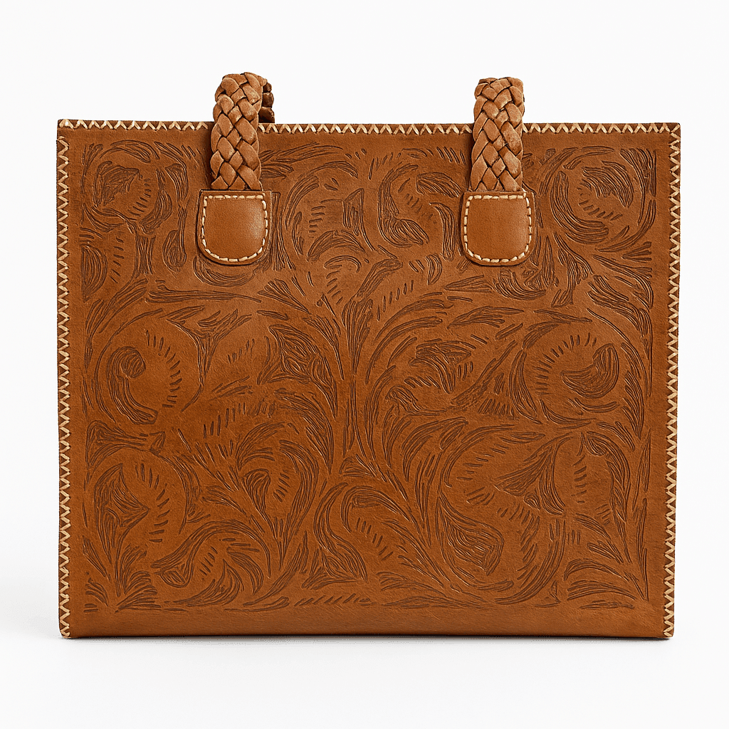 Sac fourre-tout en cuir marron fabriqué à la main - Motif floral marocain gravé