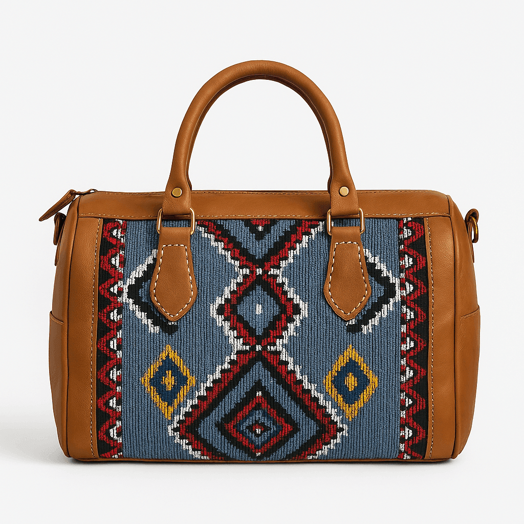 Sacoche en cuir de couleur bronze avec motif géométrique berbère