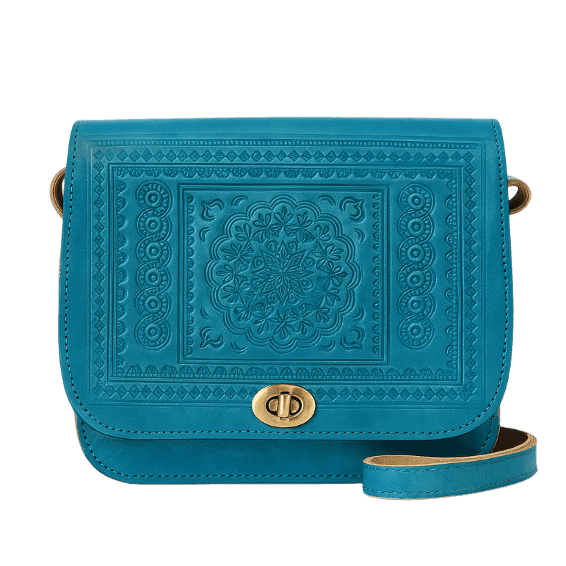 Sac à bandoulière en cuir marocain bleu turquoise – fait main et unique