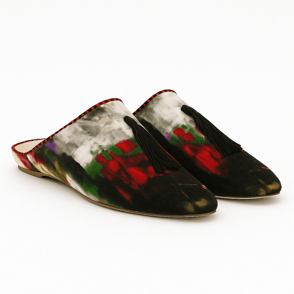 Chaussons mocassins en velours abstrait avec glands, faits à la main